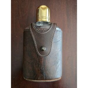 Vintage Glass Hip Flask Brown Leather Wrapped Case Gold Cap Ribbed 7 Inch